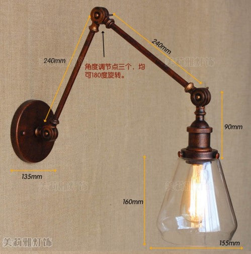Long Swing Arm Retro Wall Light Fixtures Glass Edison Rustic Loft Style Industrial Wall Lamp